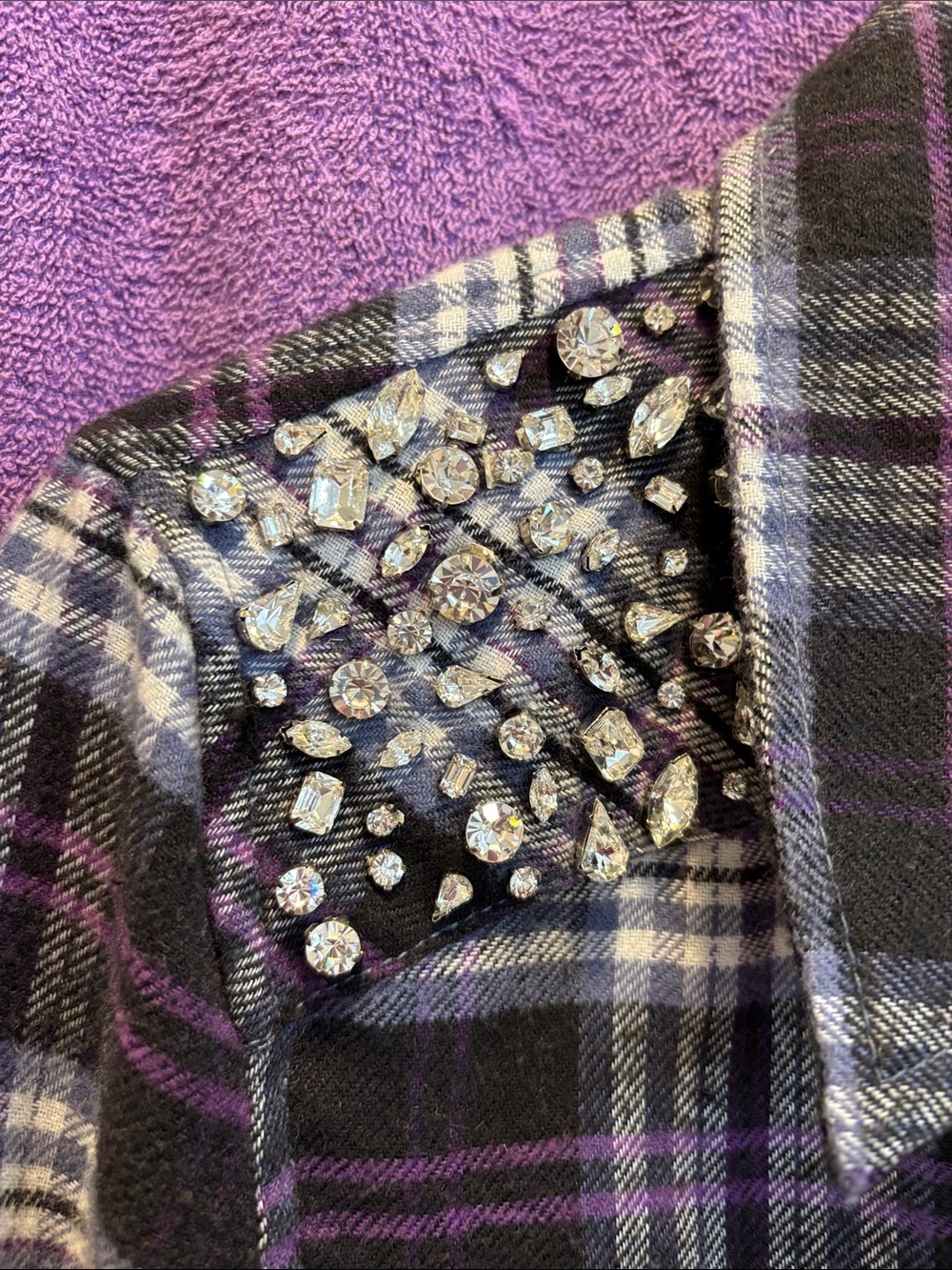 NWOT Crystal Embellishment Plaid Button-Down Shirt - Black & Purple - Picture 4 of 7